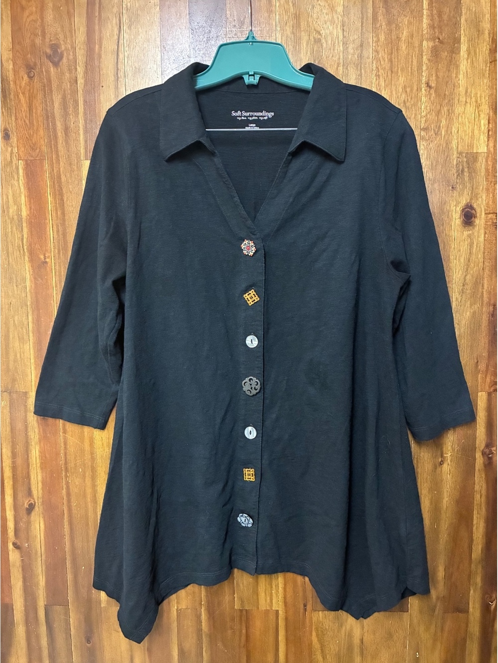 Soft Surroundings Danielle Mixed Button Black Lagenlook Blouse Women’s Large